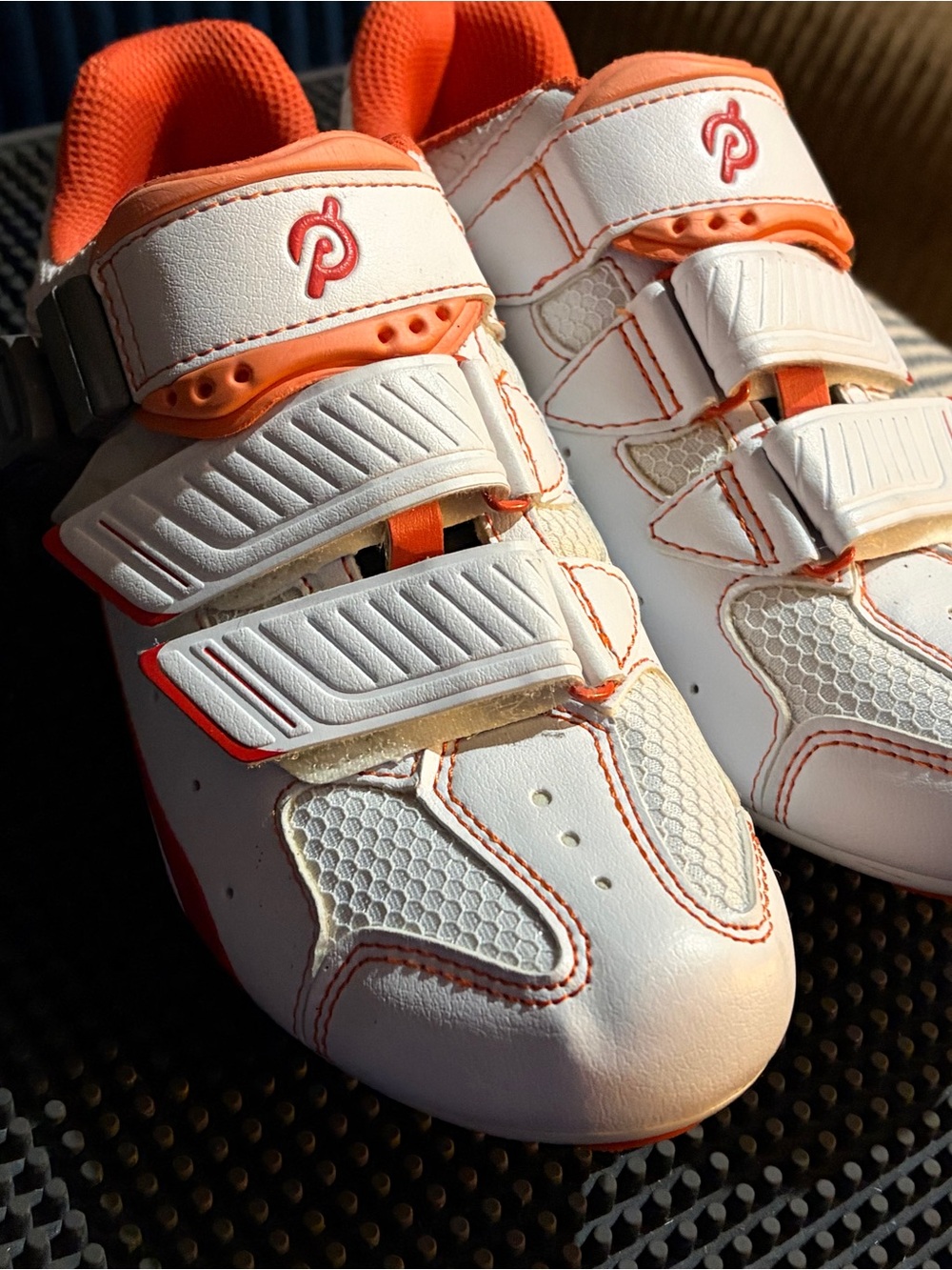 Peloton White and Orange womens Cycling Sneakers with Velcro as 38/ 7.5-8
